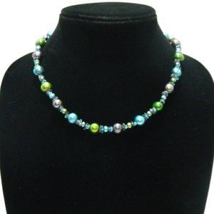 Honora Pearls Multi Color Blue Drk Gray & Green w/purple crystal Necklace 18"